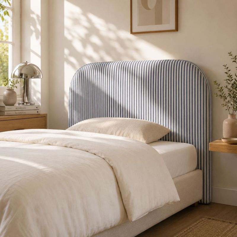 Tête de lit LOUISON tissu lin rayé blanc et bleu 90 cm