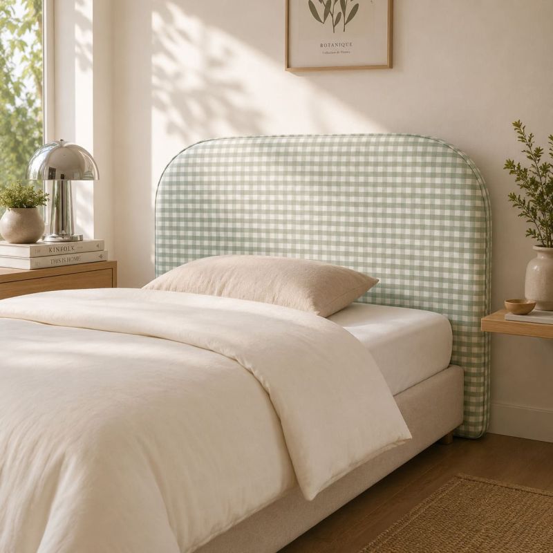Tête de lit LOUISON tissu vichy vert et blanc 90 cm