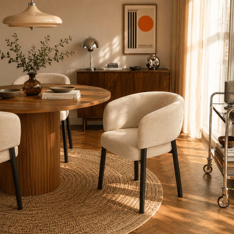 Fauteuil de table ABELIA velours beige et pieds métal noir