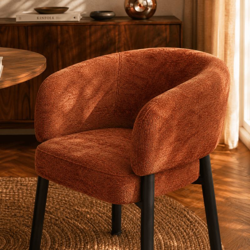 Fauteuil de table ABELIA chenille terracotta et pieds métal noir