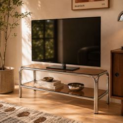 Meuble TV MAGGY verre trempé orange foncé et structure en chrome