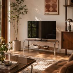 Meuble TV MAGGY verre trempé orange foncé et structure en chrome
