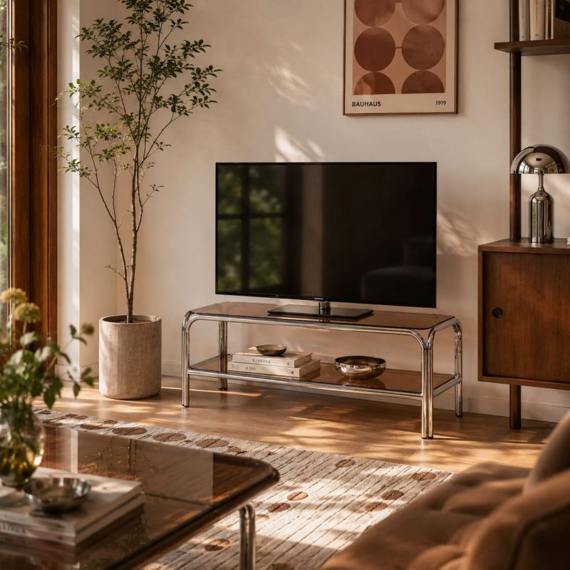 Meuble TV MAGGY verre trempé orange foncé et structure en chrome