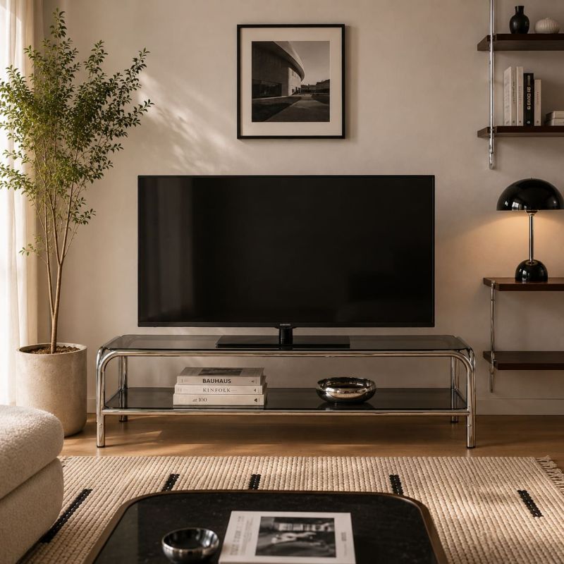Meuble TV MAGGY verre trempé noir et structure en chrome 160cm