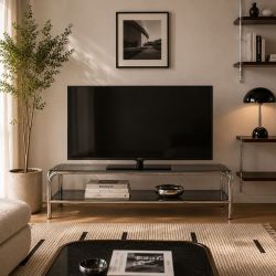Meuble TV MAGGY verre trempé noir et structure en chrome 160cm