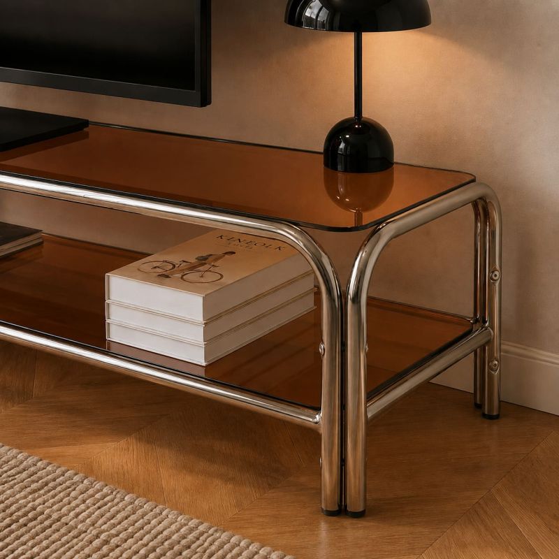 Meuble TV MAGGY verre trempé orange et structure en chrome 160cm