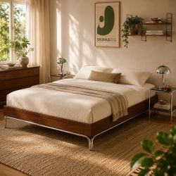 Lit MAGGY 160x200 placage noyer et pieds métal chromé sommier inclus