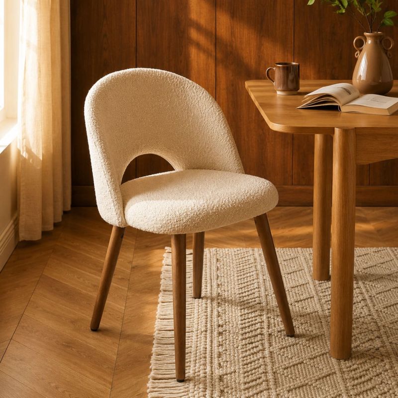 Lot de 2 chaises SIMONE tissu bouclette blanc cassé pieds bois teinté noyer