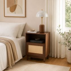 Lot 2 tables de chevet HARIA effet noyer et rotin