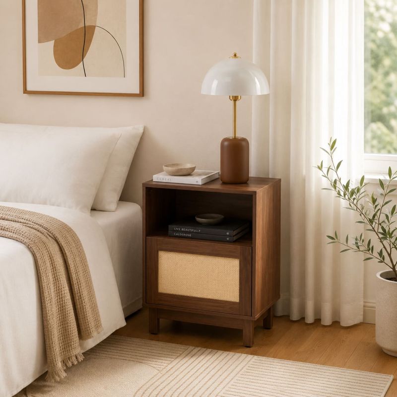 Lot 2 tables de chevet HARIA effet noyer et rotin