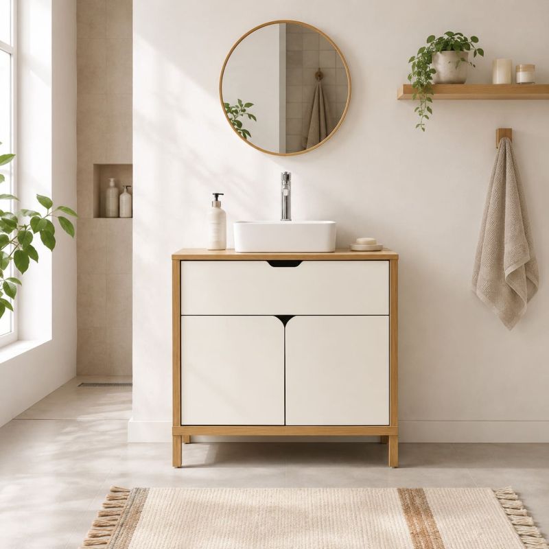 Meuble sous vasque KILDA effet chêne et portes blanches 80cm