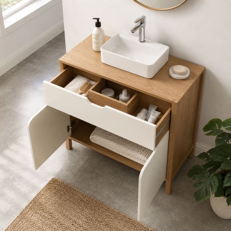Meuble sous vasque KILDA effet chêne et portes blanches 80cm
