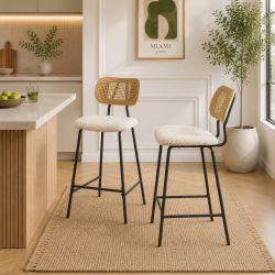 Lot de 2 tabourets TINA tissu bouclette crème et cannage rotin
