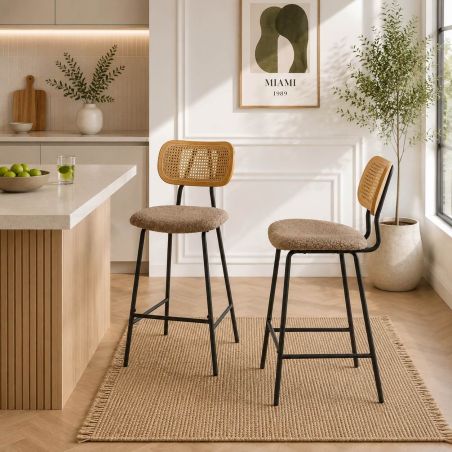 Lot de 2 tabourets TINA tissu bouclette taupe et cannage rotin