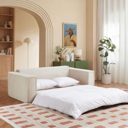 Canapé droit compressé et convertible EREBUS déplimousse 3 places velours côtelé beige