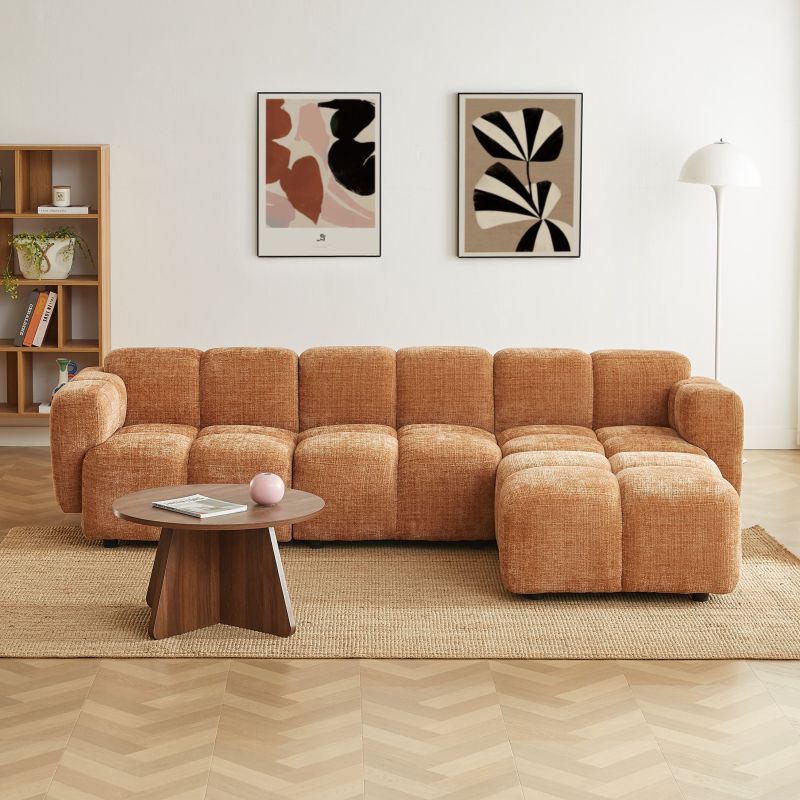 Canapé d'angle modulable ALENO 4 places tissu velours texturé terracotta