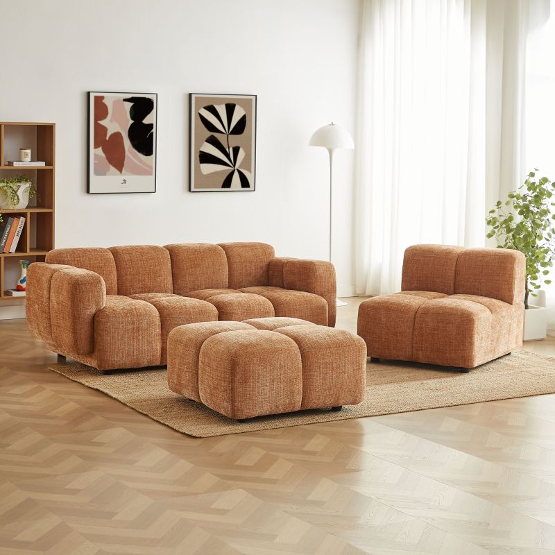 Canapé d'angle modulable ALENO 4 places tissu velours texturé terracotta