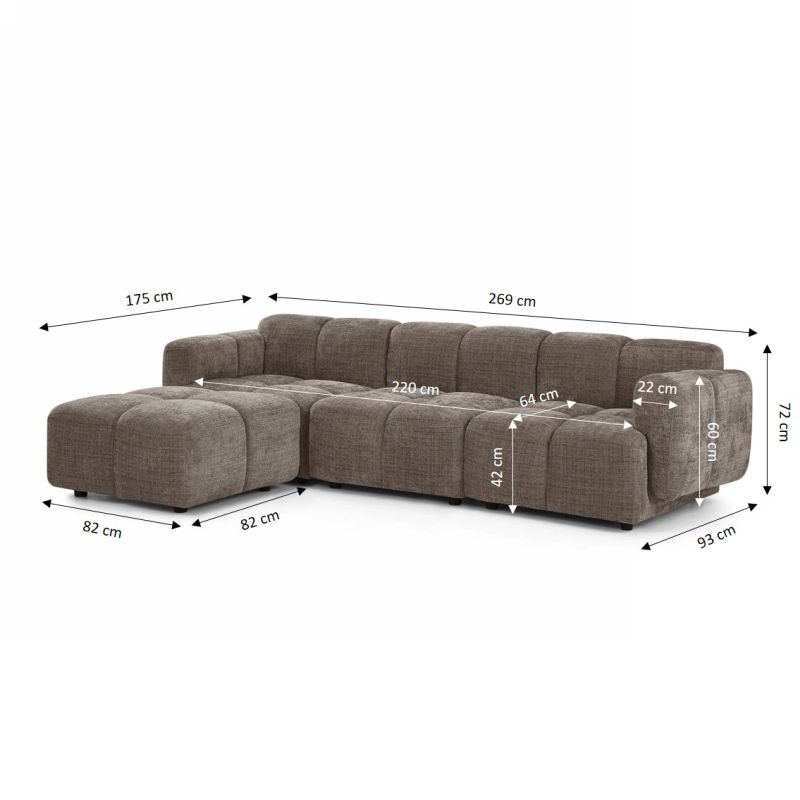 Canapé d'angle modulable ALENO 4 places tissu velours texturé marron