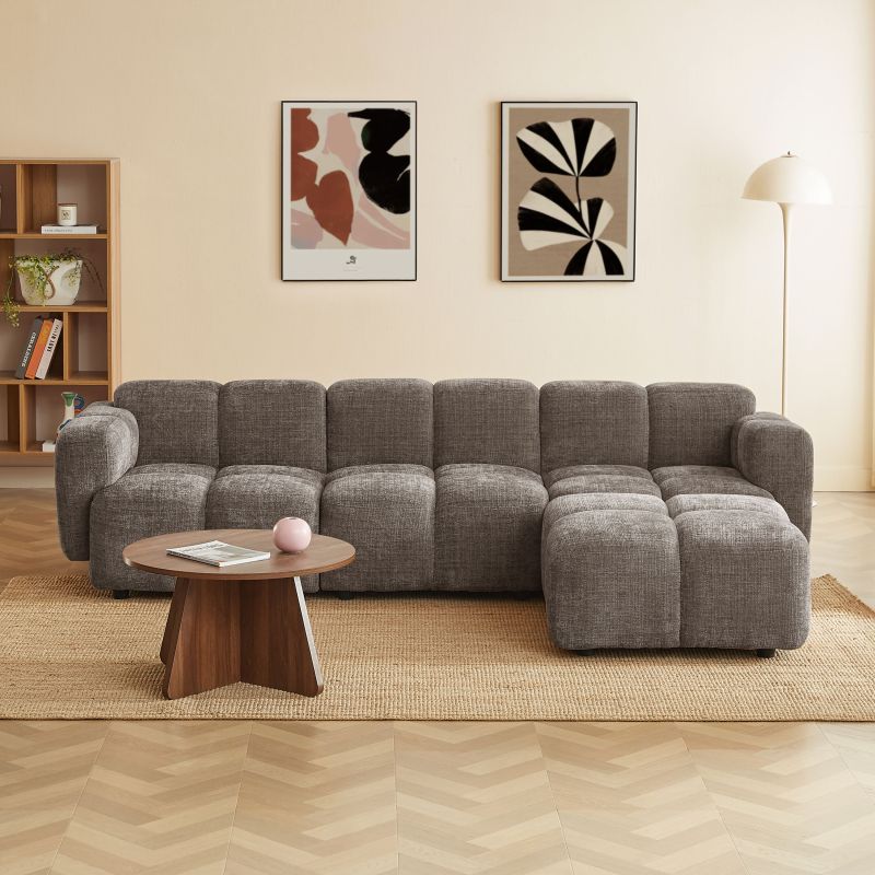 Canapé d'angle modulable ALENO 4 places tissu velours texturé marron