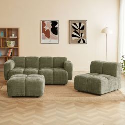 Canapé d'angle modulable ALENO 4 places tissu velours texturé vert