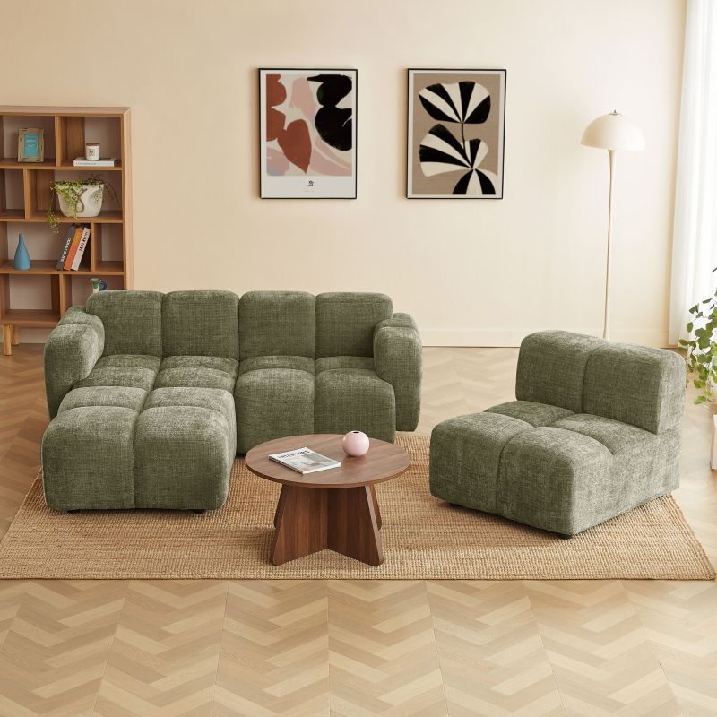 Canapé d'angle modulable ALENO 4 places tissu velours texturé vert