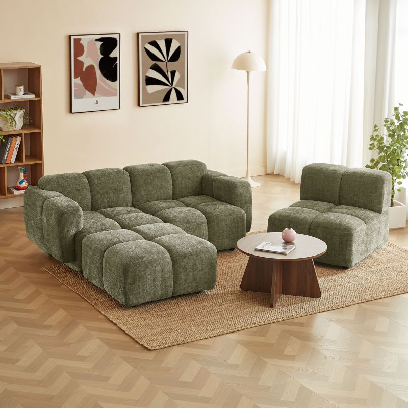 Canapé d'angle modulable ALENO 4 places tissu velours texturé vert