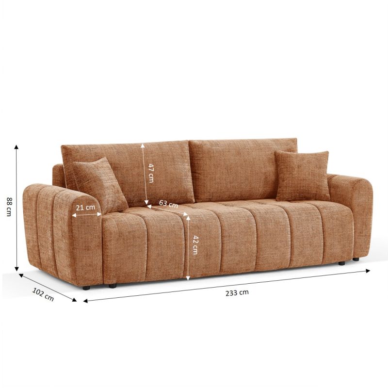 Canapé droit convertible JONEA 3 places tissu texturé terracotta