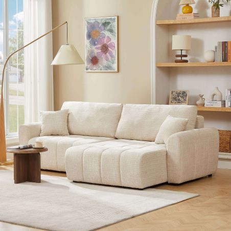 Canapé d'angle convertible et réversible JONEA 4 places tissu texturé beige