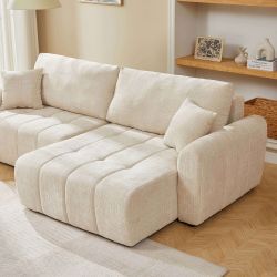 Canapé d'angle convertible et réversible JONEA 4 places tissu texturé beige