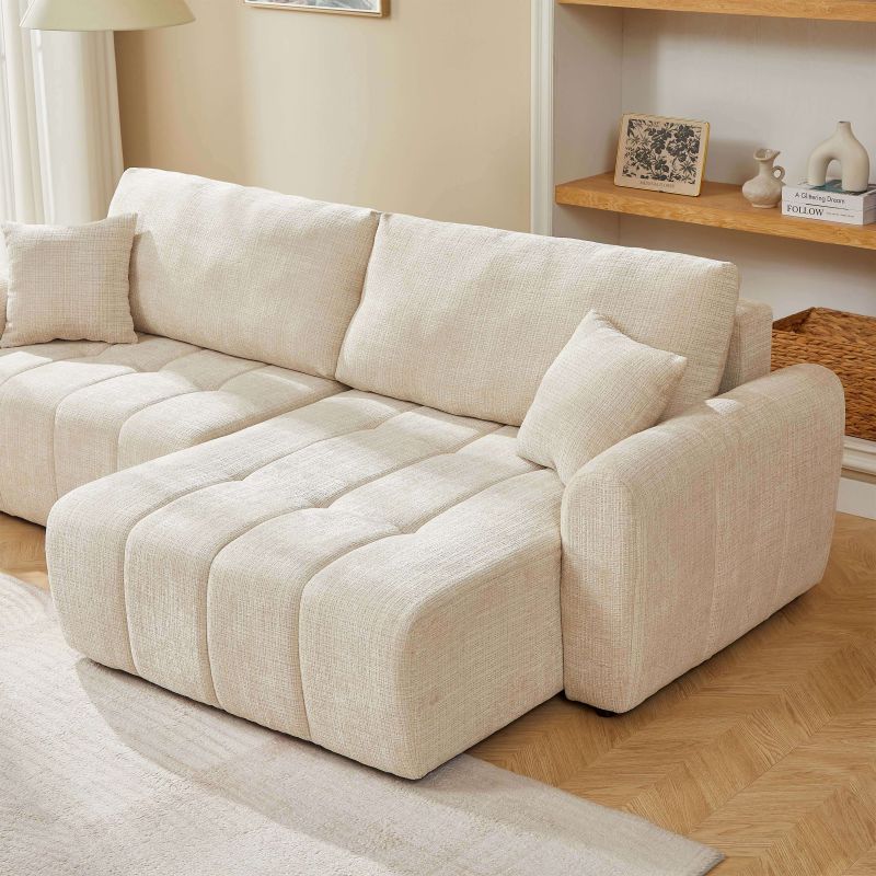 Canapé d'angle convertible et réversible JONEA 4 places tissu texturé beige