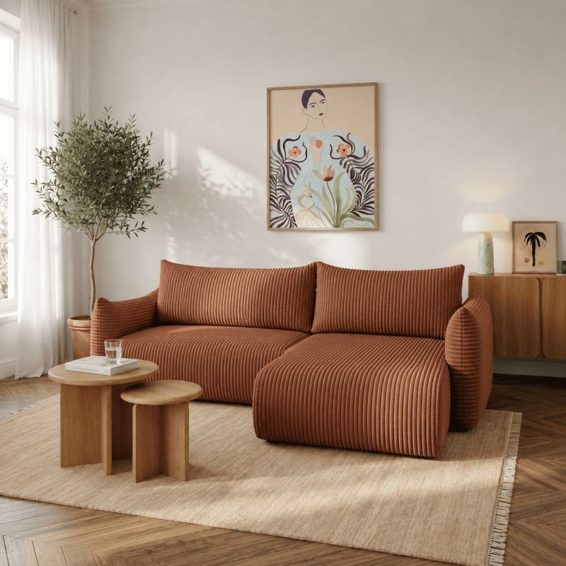 Canapé d'angle convertible et réversible GLORIA 4 places velours côtelé terracotta