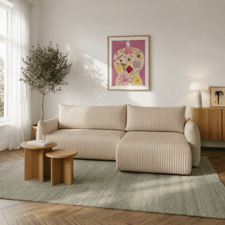 Canapé d'angle convertible et réversible GLORIA 4 places velours côtelé beige