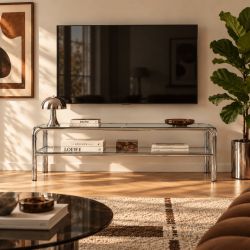 Meuble TV MAGGY verre trempé transparent structure en chrome