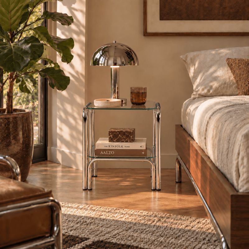 Table de chevet MAGGY verre trempé tranparent structure en chrome