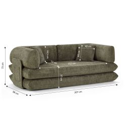Canapé droit compressé et convertible CHIMA déplimousse 3 places tissu chenille vert