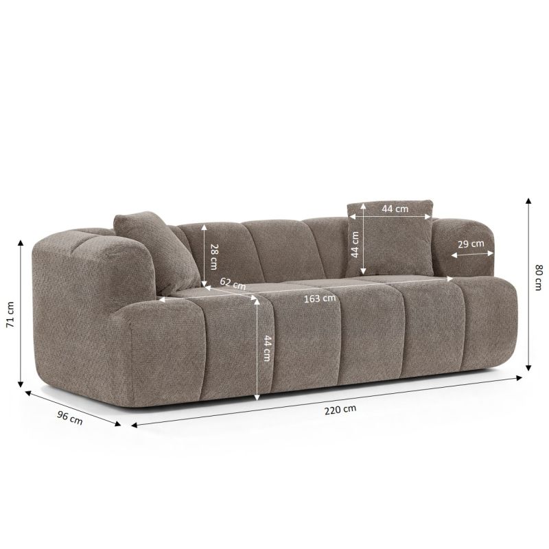 Canapé droit compressé ORVA 3 places tissu chenille taupe