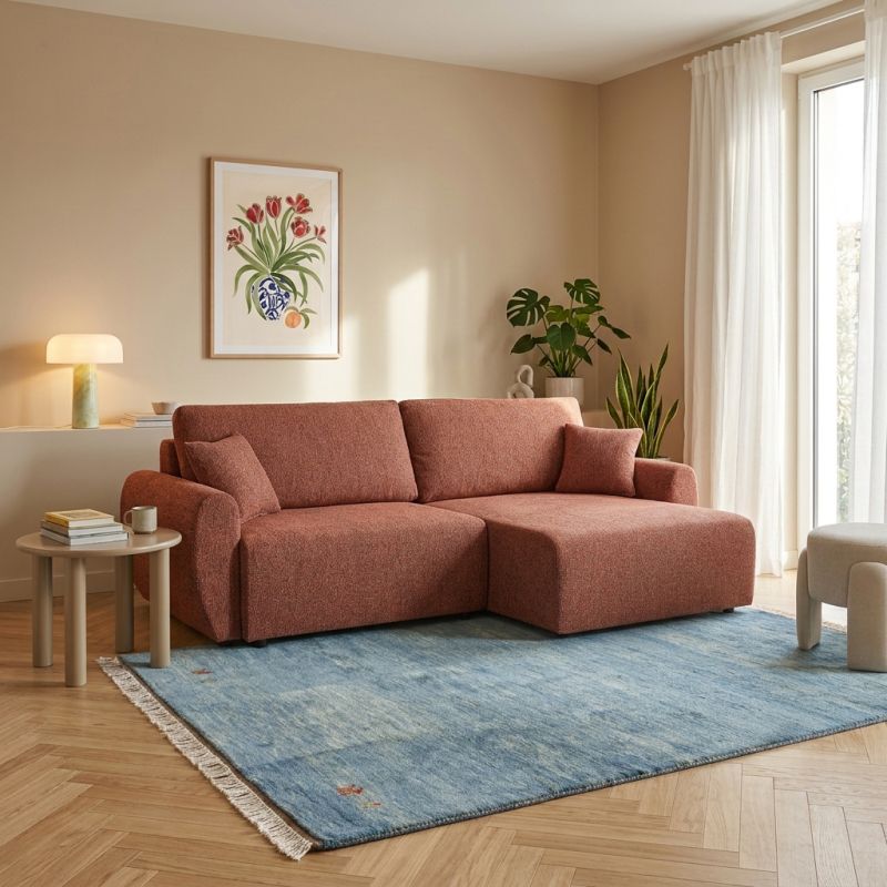 Canapé d'angle convertible et réversible DANA 4 places tissu chenille terracotta