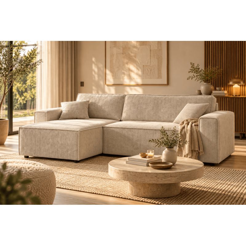 Canapé d'angle convertible et réversible MIRA 4 places velours côtelé beige