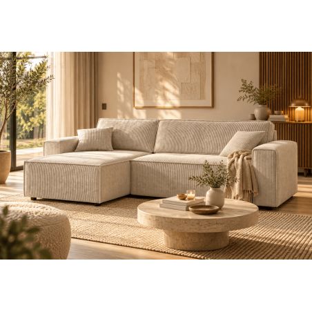 Canapé d'angle convertible et réversible MIRA 4 places velours côtelé beige