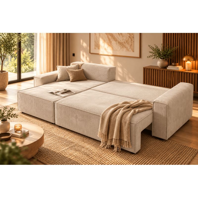 Canapé d'angle convertible et réversible MIRA 4 places velours côtelé beige