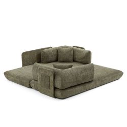 Canapé droit compressé et convertible CHIMA déplimousse 3 places tissu chenille vert