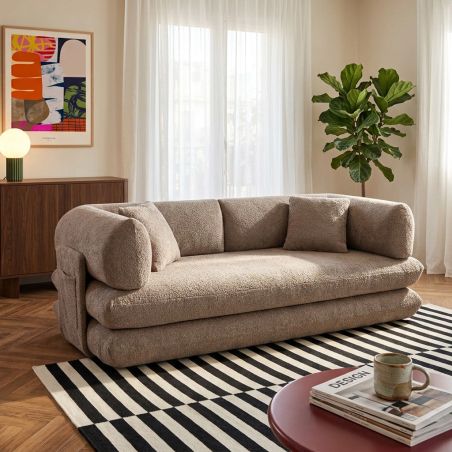 Canapé droit compressé et convertible CHIMA déplimousse 3 places tissu chenille marron