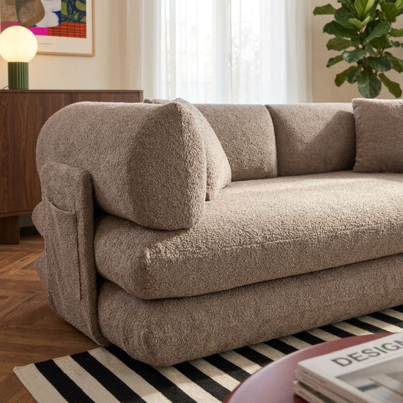 Canapé droit compressé et convertible CHIMA déplimousse 3 places tissu chenille marron