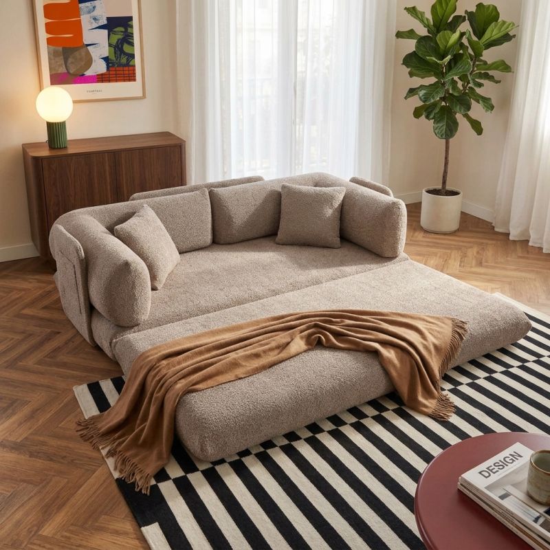 Canapé droit compressé et convertible CHIMA déplimousse 3 places tissu chenille marron