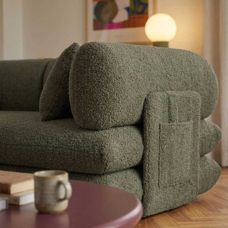 Canapé droit compressé et convertible CHIMA déplimousse 3 places tissu chenille vert