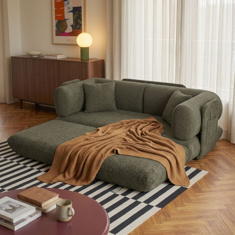 Canapé droit compressé et convertible CHIMA déplimousse 3 places tissu chenille vert