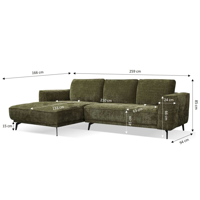 Canapé d'angle gauche LOERA fixe tissu vert 4 places