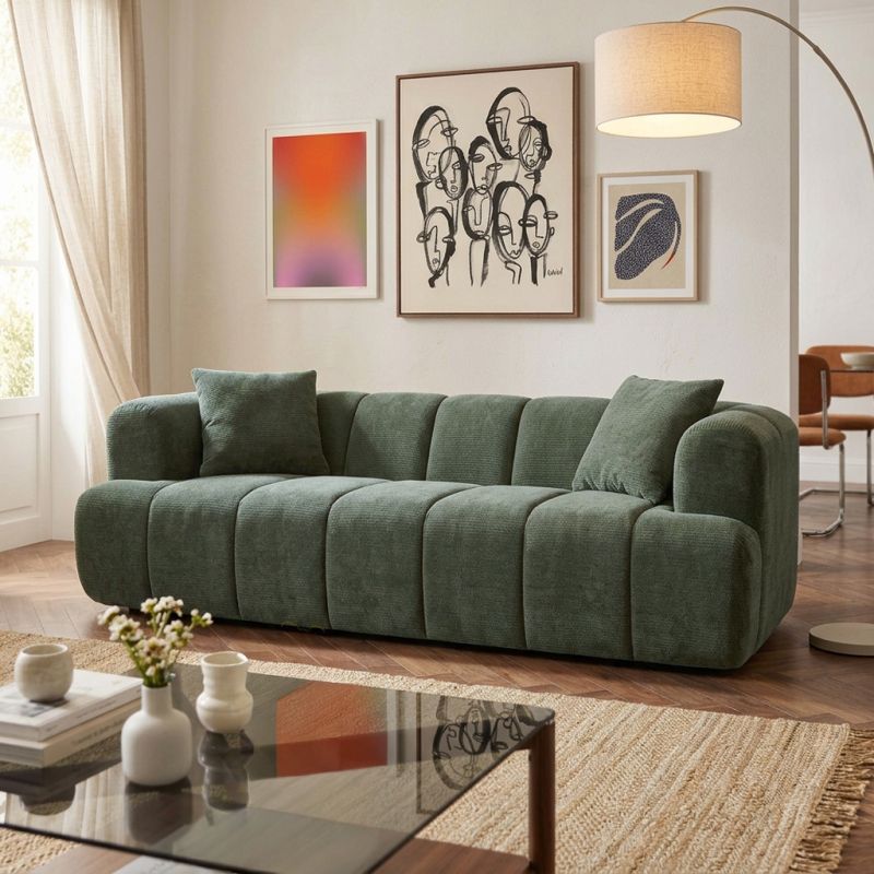 Canapé droit compressé ORVA 3 places tissu chenille vert