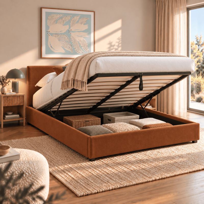 Lit coffre VANIA 160x200 tissu marron sommier inclus