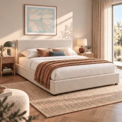 Lit coffre VANIA 160x200 tissu beige sommier inclus